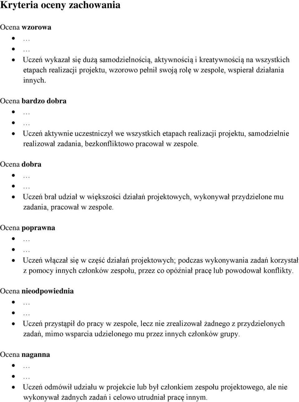 Ocena dobra Uczeń brał udział w większości działań projektowych, wykonywał przydzielone mu zadania, pracował w zespole.