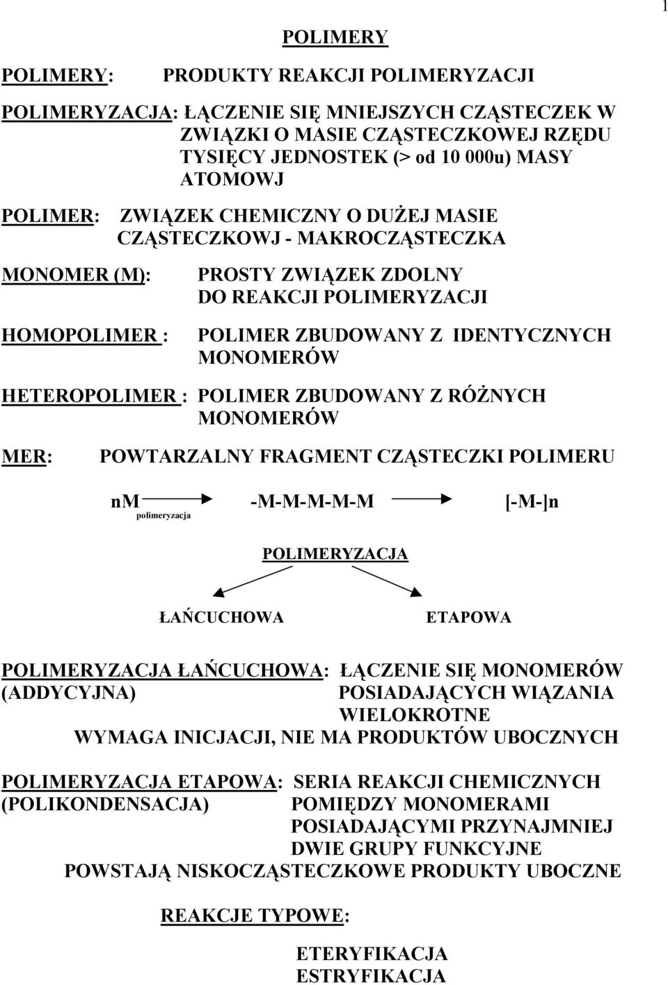 FRAGMENT ZĄSTEZKI PLIMERU nm -M-M-M-M-M [-M-]n poliyzacja PLIMERYZAJA ŁAŃUHWA ETAPWA PLIMERYZAJA ŁAŃUHWA: ŁĄZENIE SIĘ MNMERÓW (ADDYYJNA) PSIADAJĄYH WIĄZANIA WIELKRTNE WYMAGA INIJAJI, NIE MA