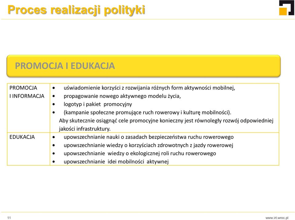 Aby skutecznie osiągnąć cele promocyjne konieczny jest równoległy rozwój odpowiedniej jakości infrastruktury.