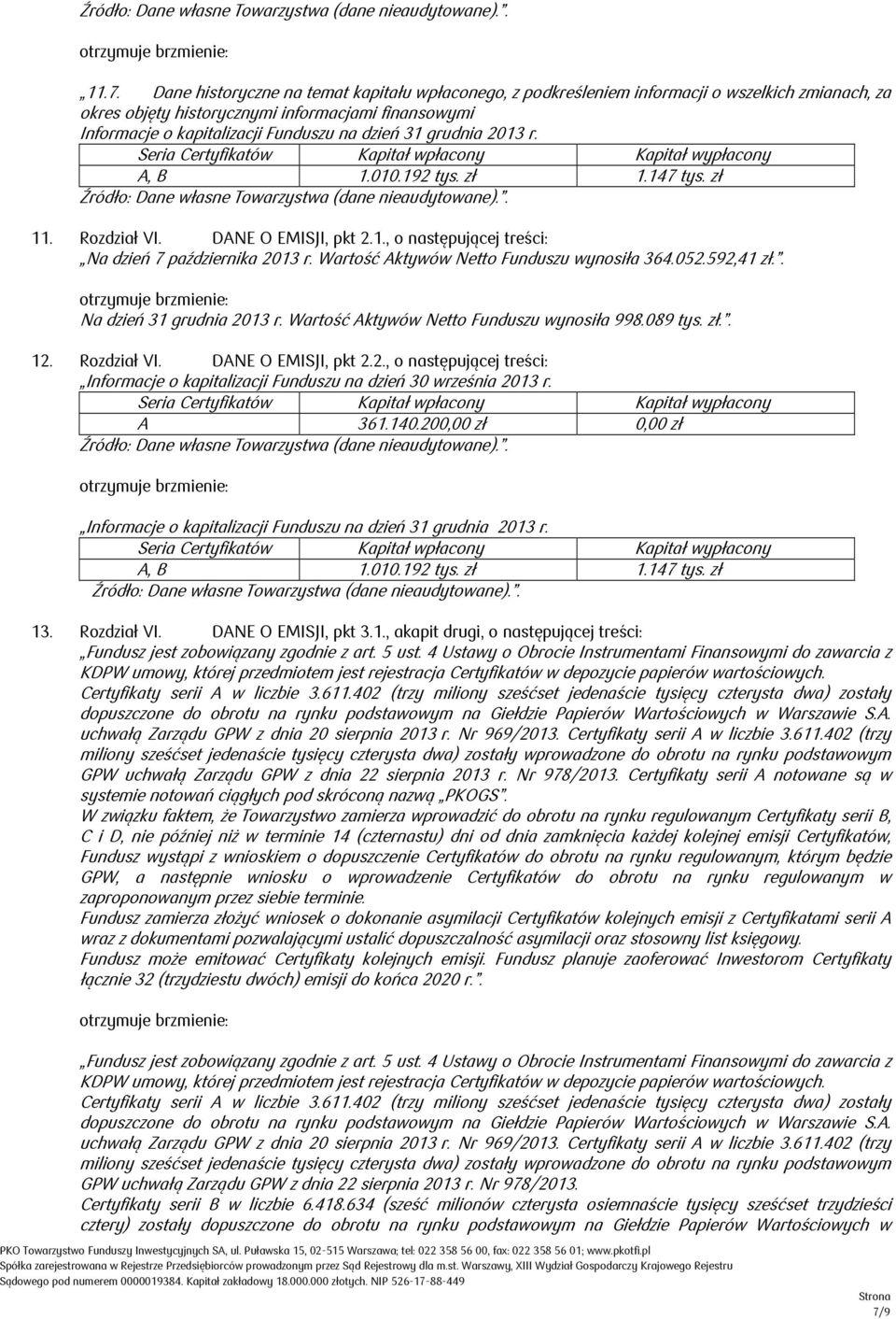 grudnia 2013 r. Seria Certyfikatów Kapitał wpłacony Kapitał wypłacony A, B 1.010.192 tys. zł 1.147 tys. zł Źródło: Dane własne Towarzystwa (dane nieaudytowane).. 11. Rozdział VI. DANE O EMISJI, pkt 2.