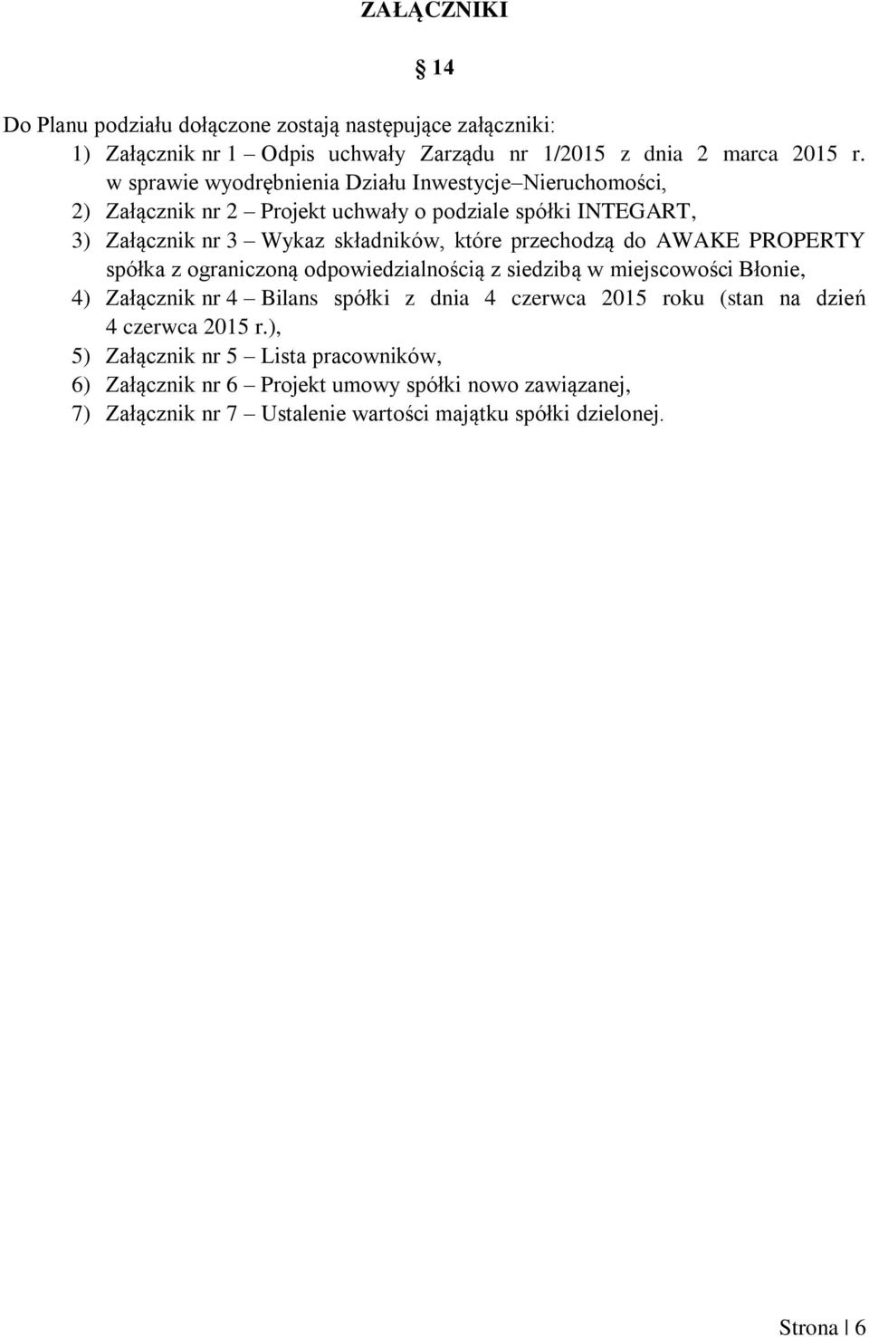 przechodzą do AWAKE PROPERTY spółka z ograniczoną odpowiedzialnością z siedzibą w miejscowości Błonie, 4) Załącznik nr 4 Bilans spółki z dnia 4 czerwca 2015 roku (stan