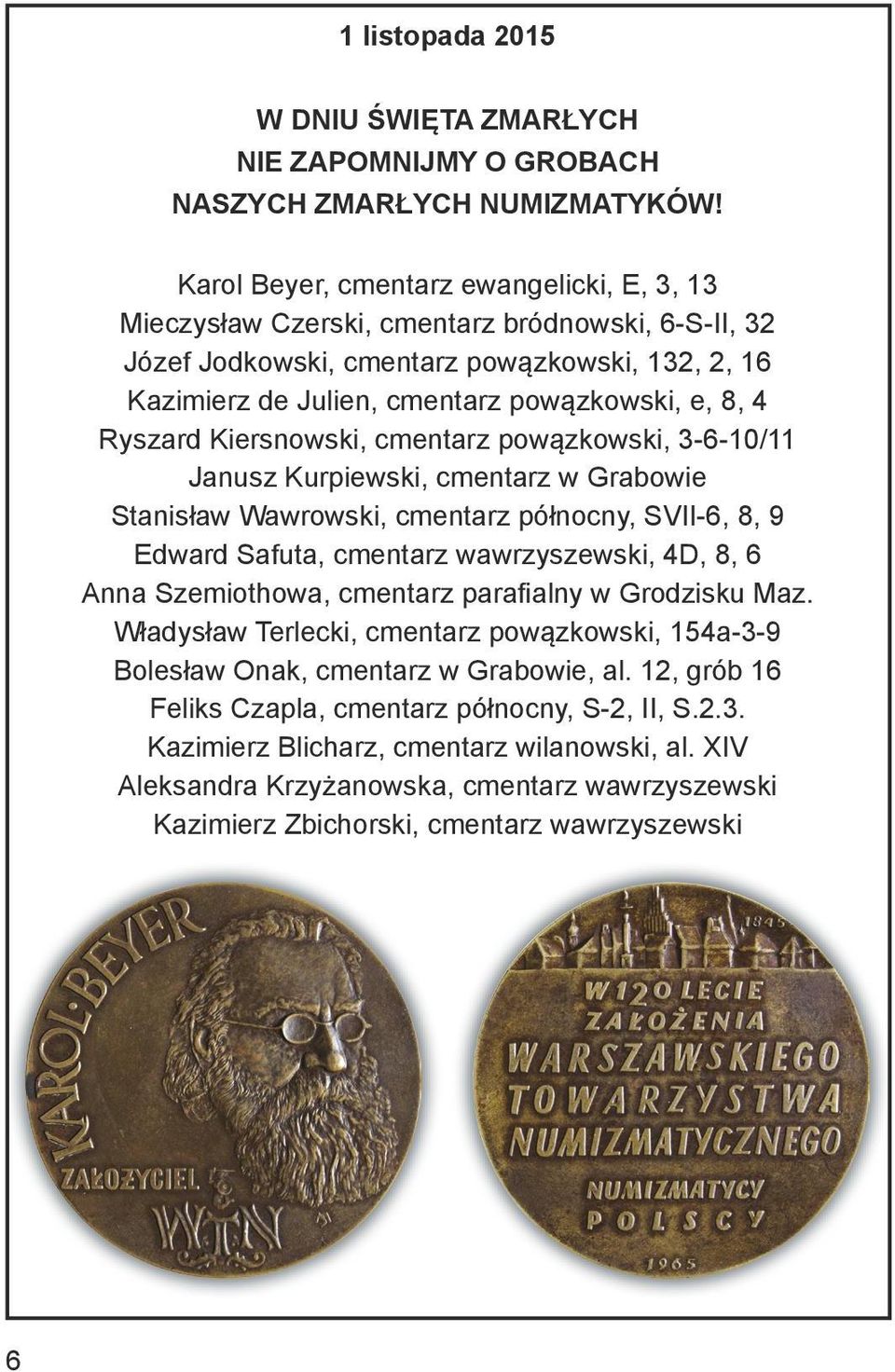 Ryszard Kiersnowski, cmentarz powązkowski, 3-6-10/11 Janusz Kurpiewski, cmentarz w Grabowie Stanisław Wawrowski, cmentarz północny, SVII-6, 8, 9 Edward Safuta, cmentarz wawrzyszewski, 4D, 8, 6 Anna