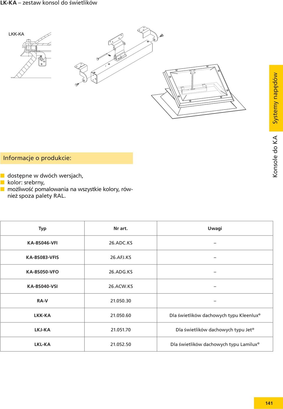 KS KA-BS050-VFO 26.ADG.KS KA-BS040-VSI 26.ACW.KS RA-V 21.050.30 LKK-KA 21.050.60 Dla świetlików dachowych typu Kleenlux LKJ-KA 21.