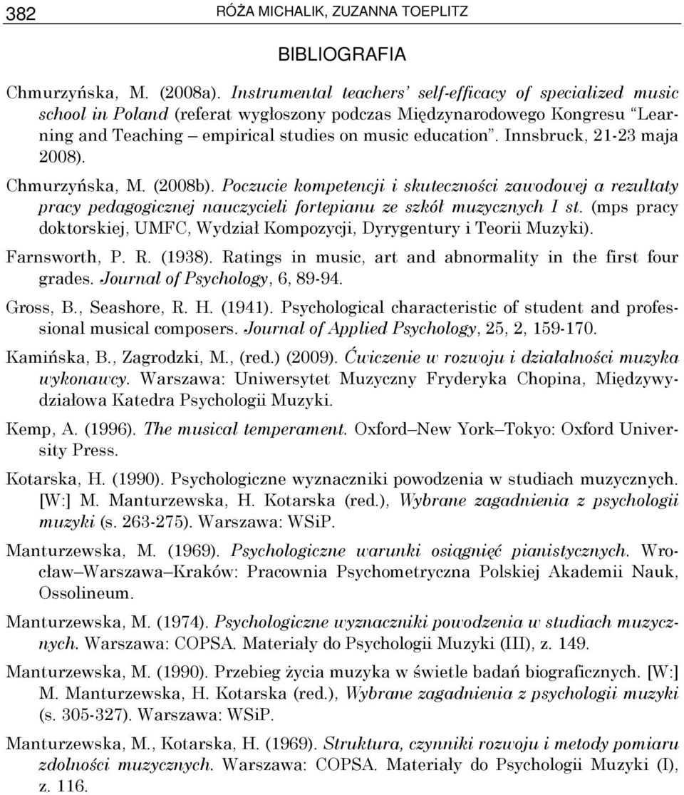 Innsbruck, 21-23 maja 2008). Chmurzyńska, M. (2008b). Poczucie kompetencji i skuteczności zawodowej a rezultaty pracy pedagogicznej nauczycieli fortepianu ze szkół muzycznych I st.