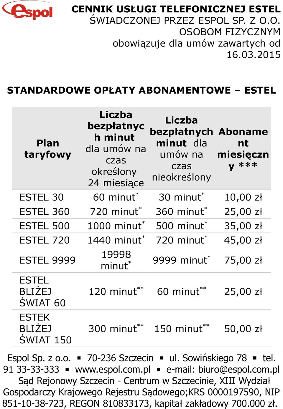 miesięczn y *** ESTEL 30 60 minut * 30 minut * 10,00 ESTEL 360 720 minut * 360 minut * 25,00 ESTEL 500 1000 minut * 500 minut * 35,00 ESTEL 720 1440 minut * 720 minut * 45,00 ESTEL 9999