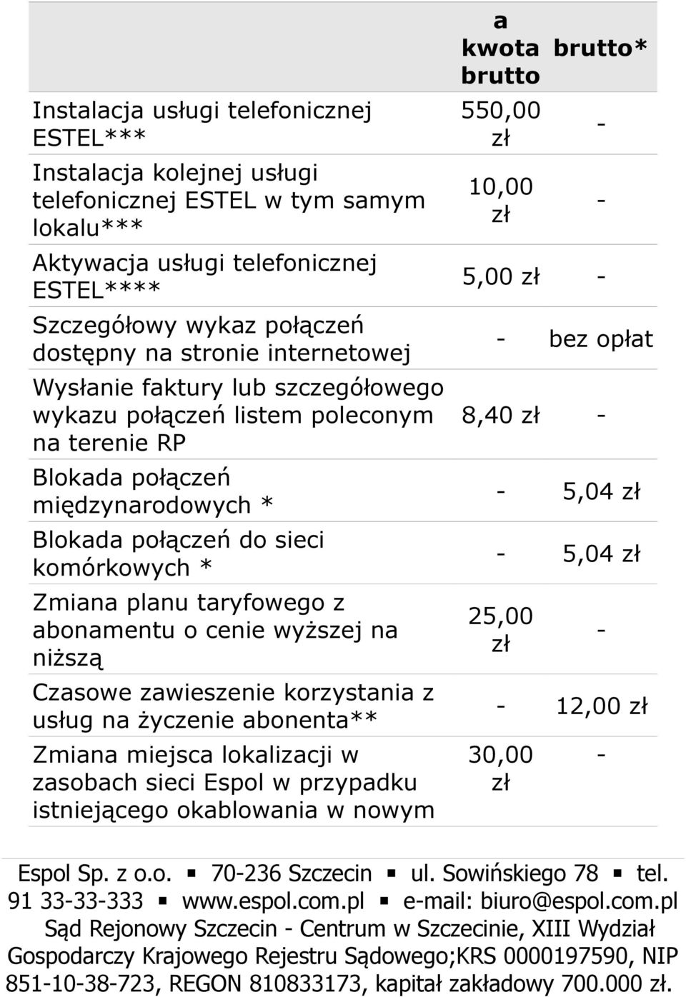 taryfowego z abonamentu o cenie wyższej na niższą Czasowe zawieszenie korzystania z usług na życzenie abonenta** Zmiana miejsca lokalizacji w zasobach sieci Espol w przypadku istniejącego