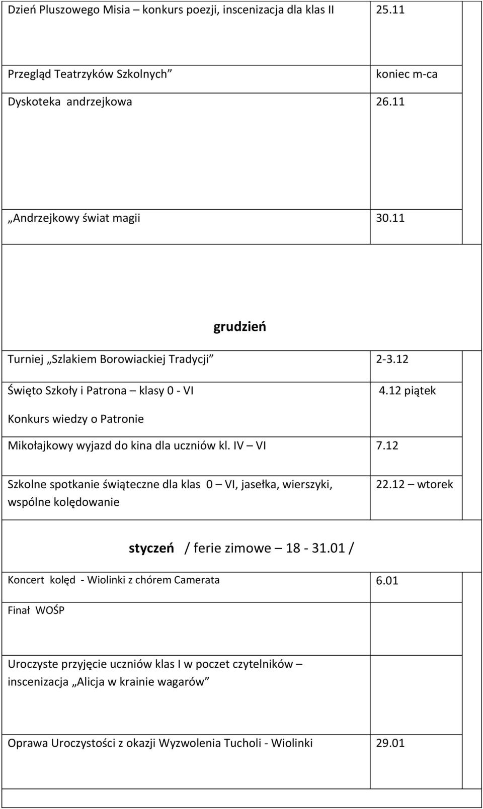 IV VI 7.12 Szkolne spotkanie świąteczne dla klas 0 VI, jasełka, wierszyki, wspólne kolędowanie 22.12 wtorek styczeń / ferie zimowe 18-31.