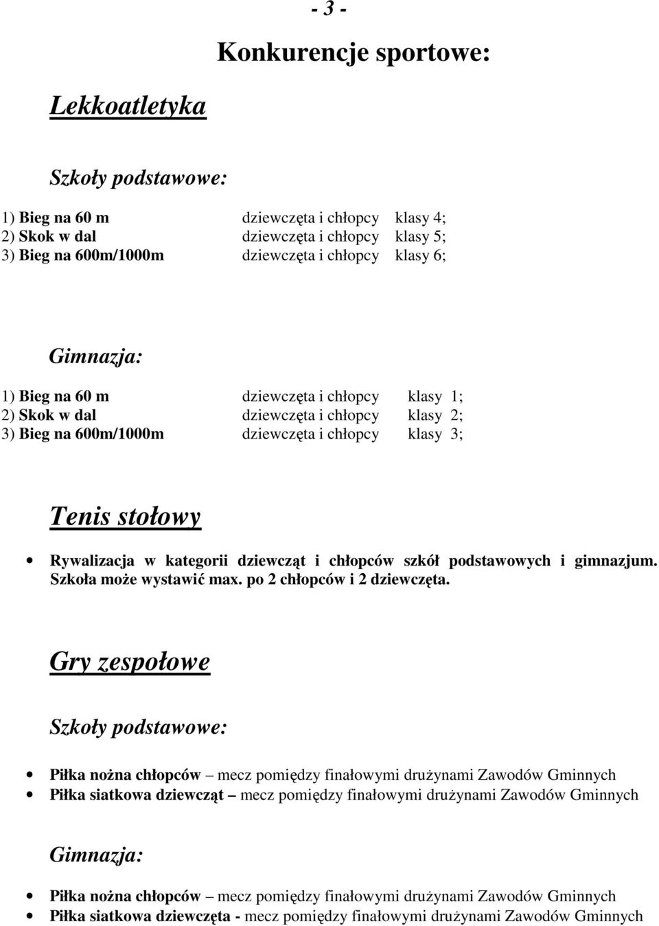 dziewcząt i chłopców szkół podstawowych i gimnazjum. Szkoła może wystawić max. po 2 chłopców i 2 dziewczęta.