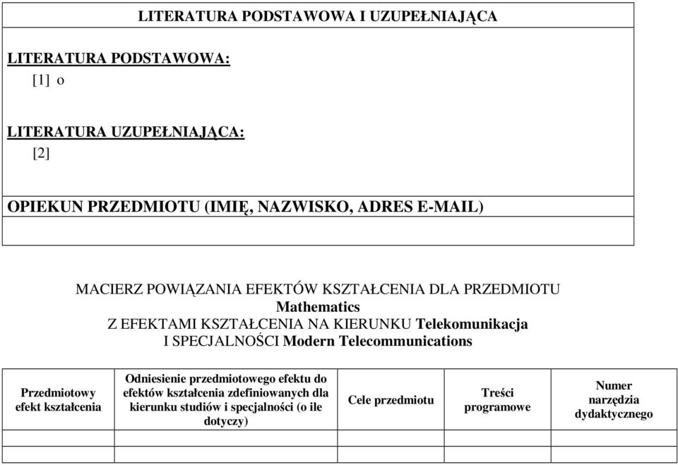 Telekomunikacja I SPECJALNOŚCI Modern Telecommunications Przedmiotowy efekt kształcenia Odniesienie przedmiotowego efektu do