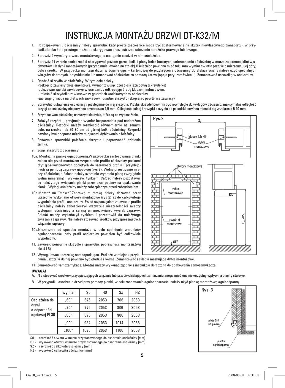 uderzanie narożnika prawego lub lewego. 2. Sprawdzić wymiary otworu montażowego, a następnie osadzić w nim ościeżnice. 3.