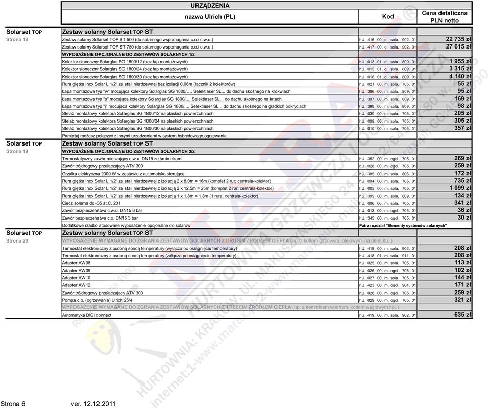 01 27 615 zł Solarset TOP WYPOSA ENIE OPCJONALNE DO ZESTAWÓW SOLARNYCH 1/2 Kolektor słoneczny Solarglas SG 1800/12 (bez łap monta owych) hu. 013. 01. d. sola. 809.