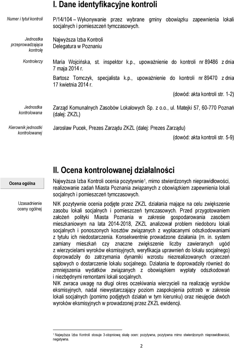 Bartosz Tomczyk, specjalista k.p., upoważnienie do kontroli nr 89470 z dnia 17 kwietnia 2014 r. (dowód: akta kontroli str. 1-2) Zarząd Komunalnych Zasobów Lokalowych Sp. z o.o., ul.