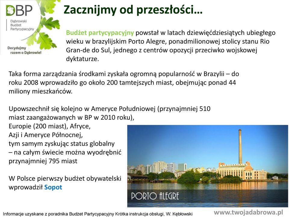 Taka forma zarządzania środkami zyskała ogromną popularność w Brazylii do roku 2008 wprowadziło go około 200 tamtejszych miast, obejmując ponad 44 miliony mieszkańców.