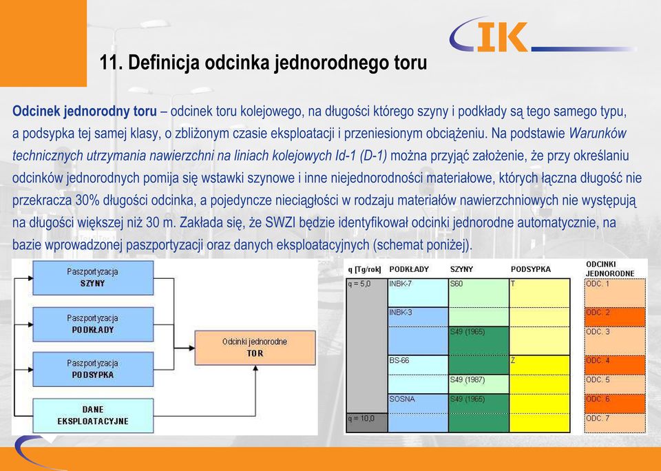 Na podstawie Warunków technicznych utrzymania nawierzchni na liniach kolejowych Id-1 (D-1) można przyjąć założenie, że przy określaniu odcinków jednorodnych pomija się wstawki szynowe i inne