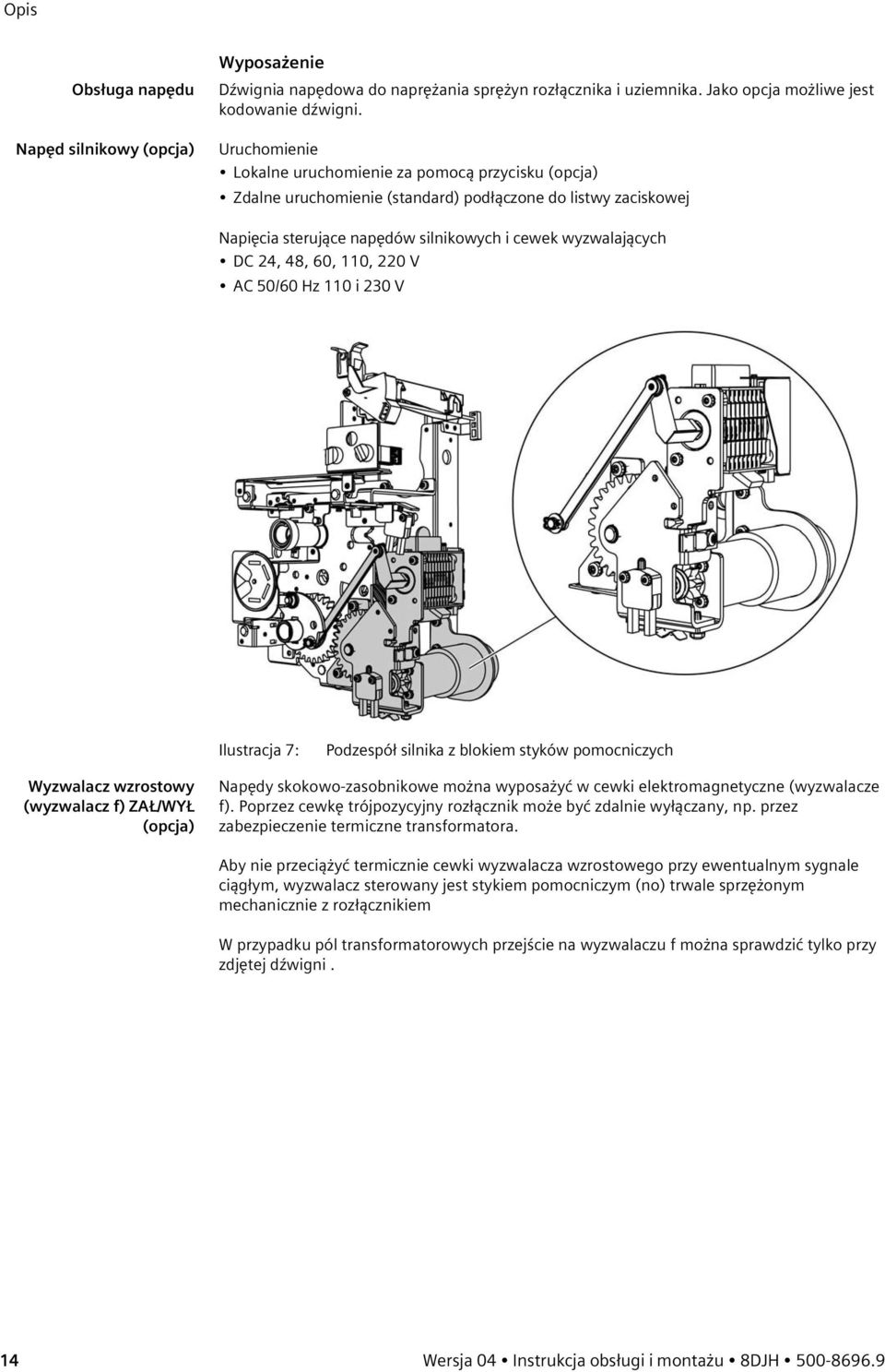 60, 110, 220 V AC 50/60 Hz 110 i 230 V Ilustracja 7: Podzespół silnika z blokiem styków pomocniczych Wyzwalacz wzrostowy (wyzwalacz f) ZAŁ/WYŁ (opcja) Napędy skokowo-zasobnikowe można wyposażyć w