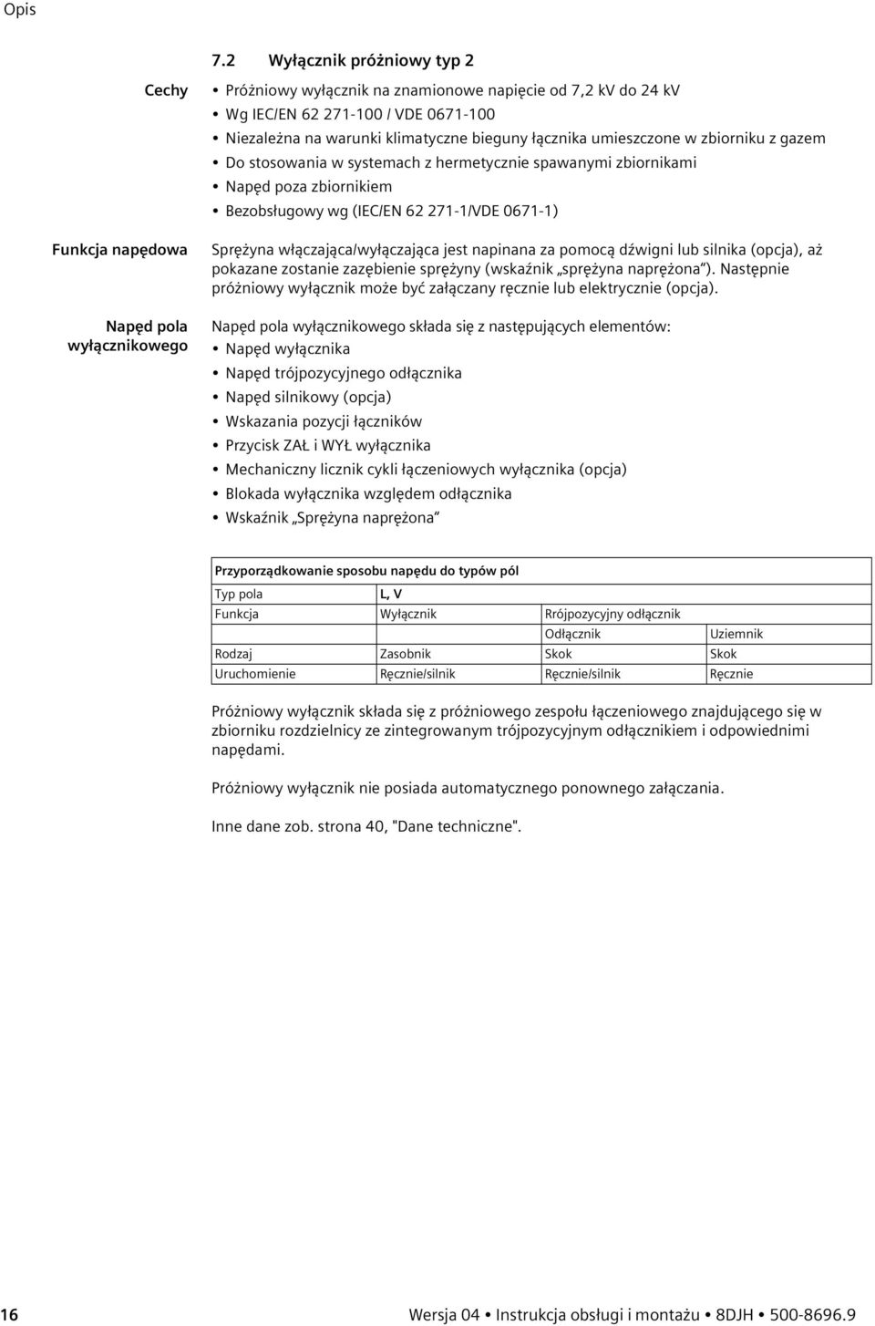 klimatyczne bieguny łącznika umieszczone w zbiorniku z gazem Do stosowania w systemach z hermetycznie spawanymi zbiornikami Napęd poza zbiornikiem Bezobsługowy wg (IEC/EN 62 271-1/VDE 0671-1)