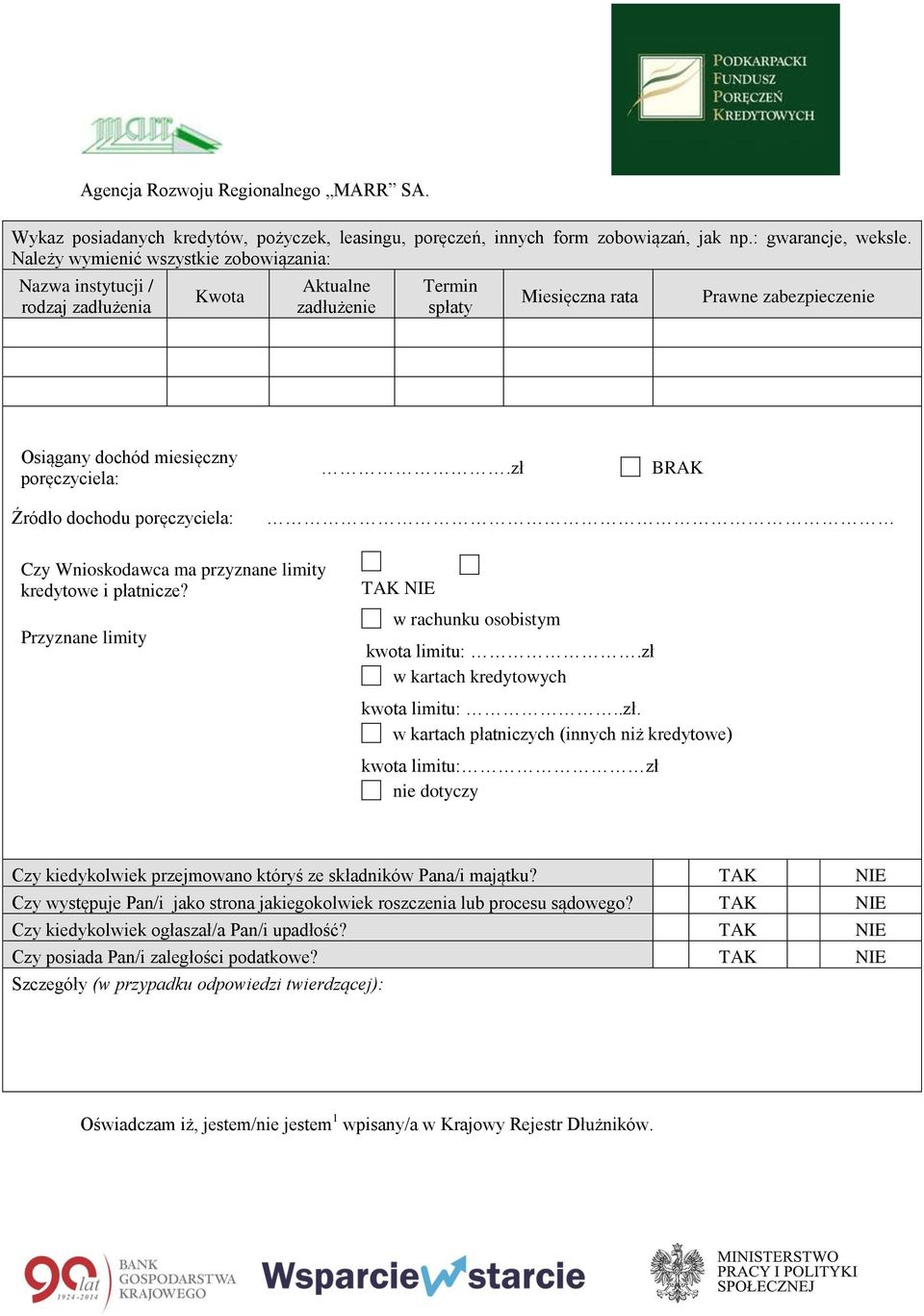 zł BRAK Źródło dochodu poręczyciela: Czy Wnioskodawca ma przyznane limity kredytowe i płatnicze? Przyznane limity TAK NIE w rachunku osobistym kwota limitu:.zł w kartach kredytowych kwota limitu:..zł. w kartach płatniczych (innych niż kredytowe) kwota limitu: zł nie dotyczy Czy kiedykolwiek przejmowano któryś ze składników Pana/i majątku?
