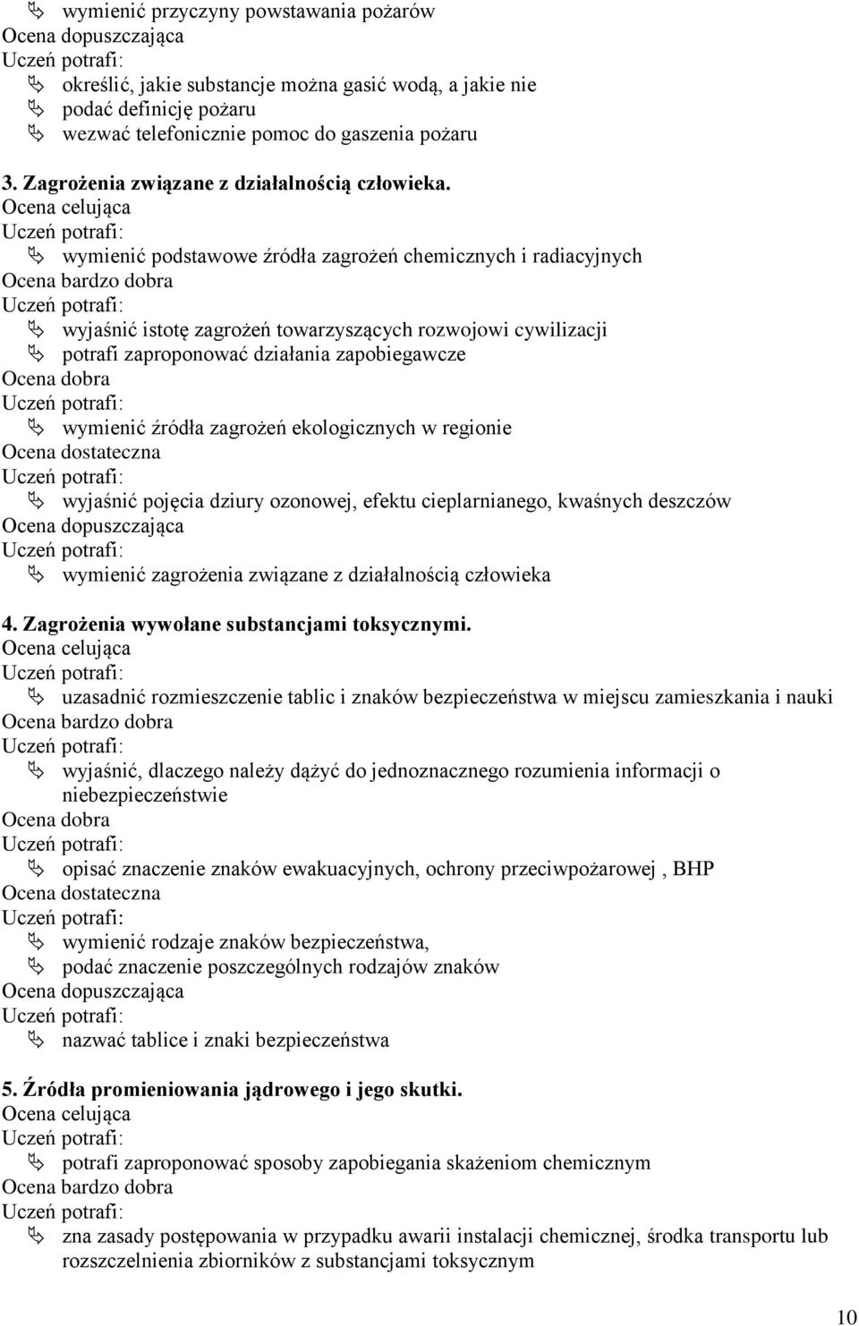 wymienić podstawowe źródła zagrożeń chemicznych i radiacyjnych wyjaśnić istotę zagrożeń towarzyszących rozwojowi cywilizacji potrafi zaproponować działania zapobiegawcze wymienić źródła zagrożeń