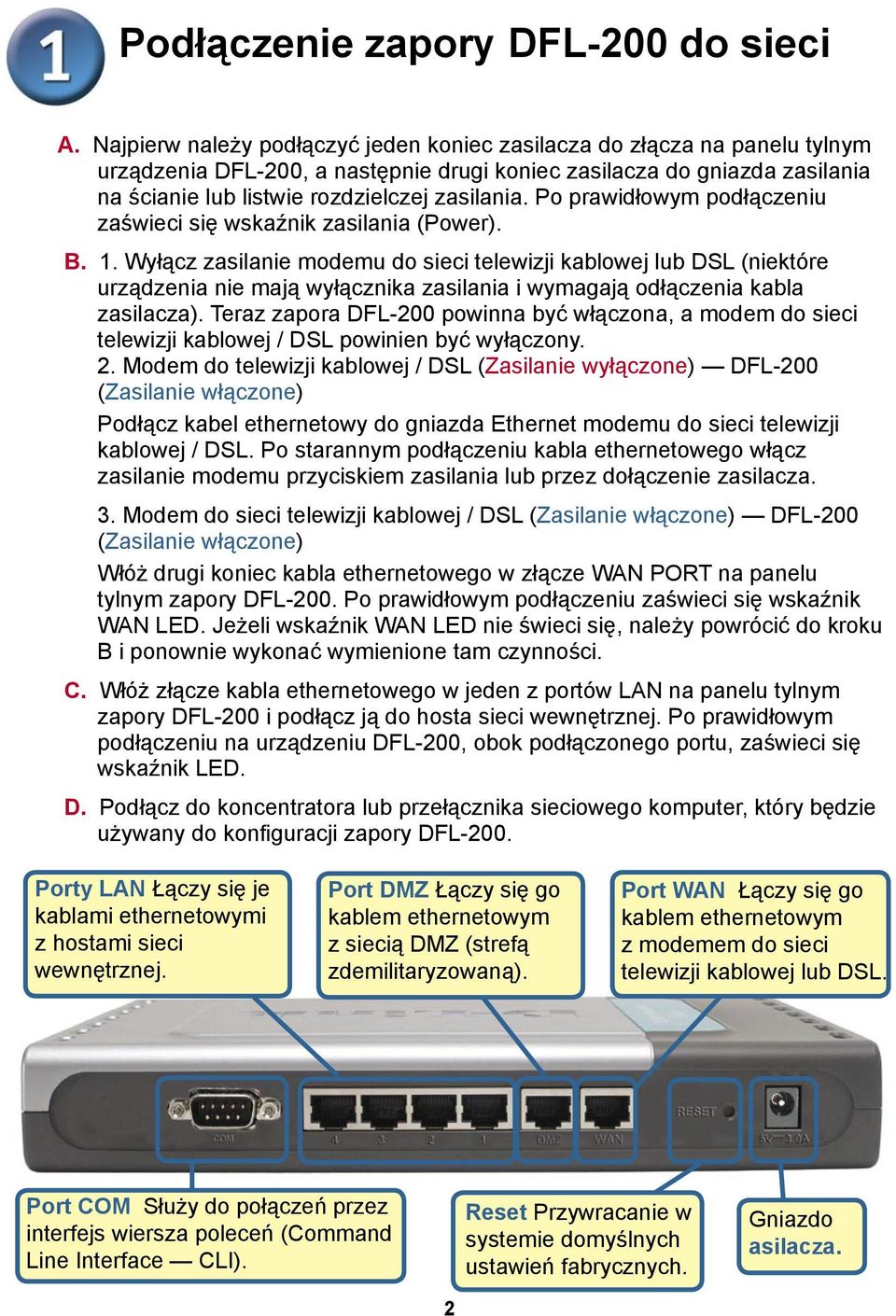 Po prawidłowym podłączeniu zaświeci się wskaźnik zasilania (Power). B. 1.