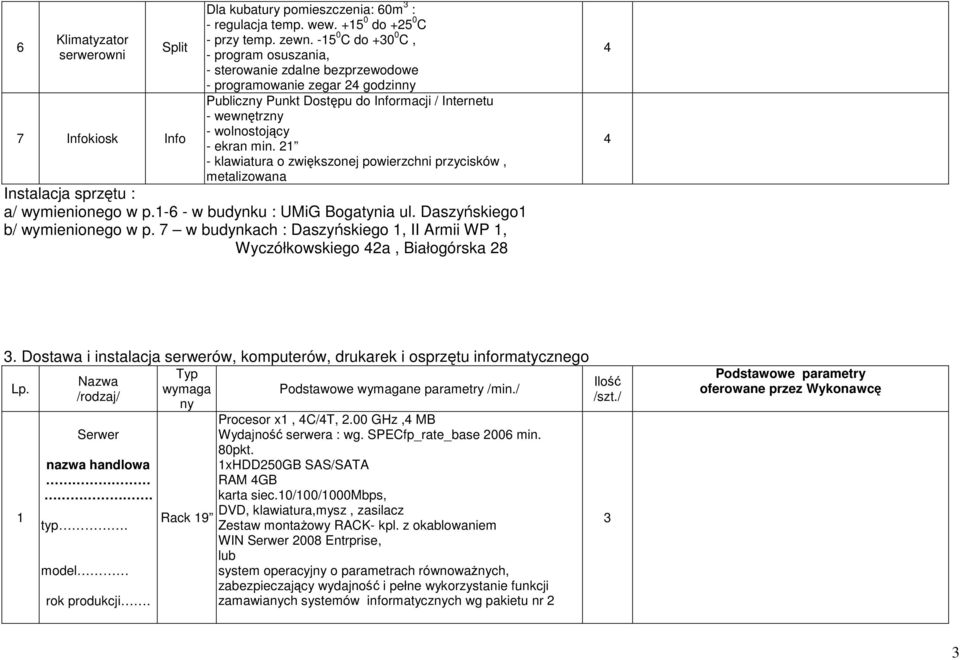 2 - klawiatura o zwiększonej powierzchni przycisków, metalizowana Instalacja sprzętu : a/ wymienionego w p.-6 - w budynku : UMiG Bogatynia ul. Daszyńskiego b/ wymienionego w p.