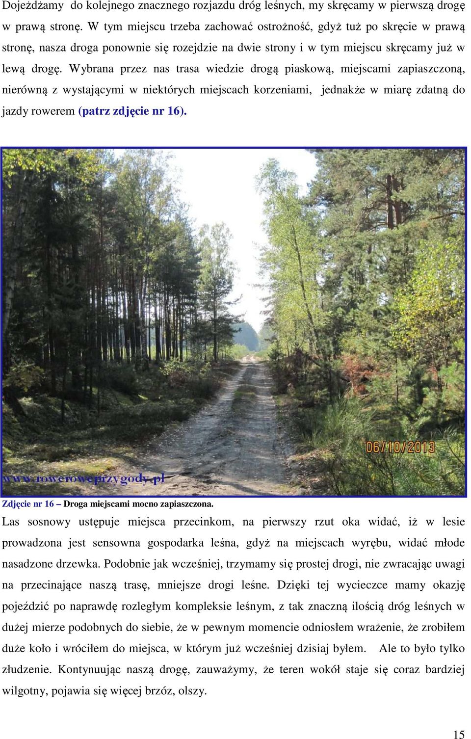 Wybrana przez nas trasa wiedzie drogą piaskową, miejscami zapiaszczoną, nierówną z wystającymi w niektórych miejscach korzeniami, jednakże w miarę zdatną do jazdy rowerem (patrz zdjęcie nr 16).