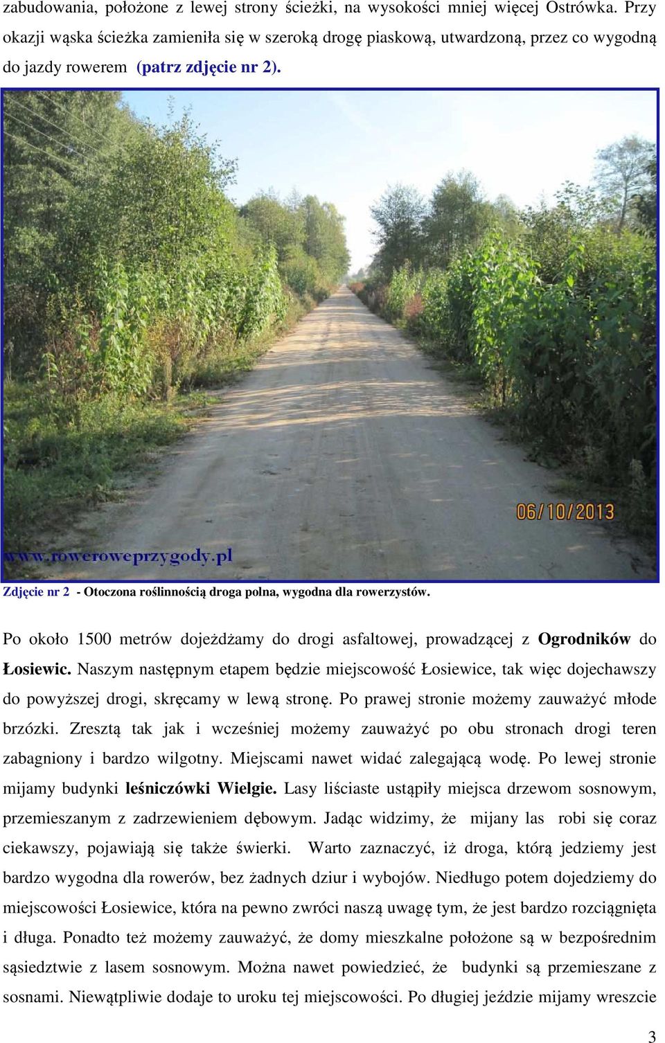 Zdjęcie nr 2 - Otoczona roślinnością droga polna, wygodna dla rowerzystów. Po około 1500 metrów dojeżdżamy do drogi asfaltowej, prowadzącej z Ogrodników do Łosiewic.