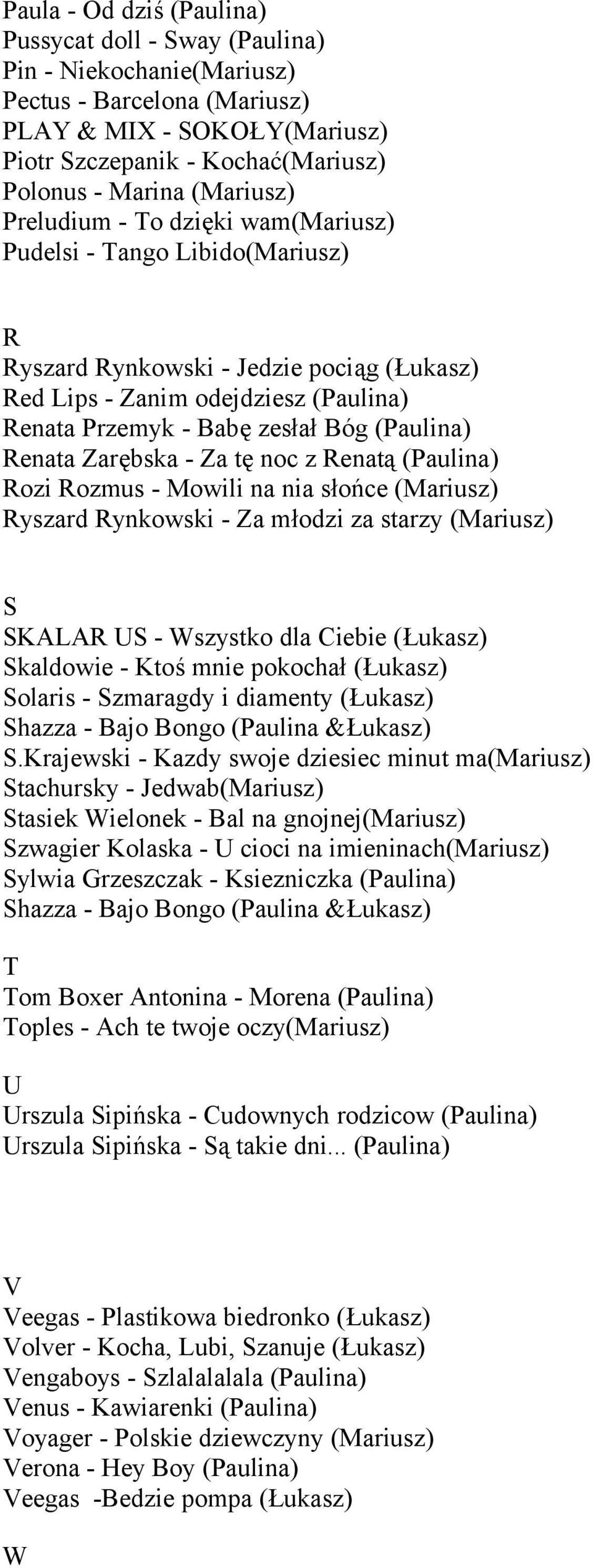 (Paulina) Renata Zarębska - Za tę noc z Renatą (Paulina) Rozi Rozmus - Mowili na nia słońce (Mariusz) Ryszard Rynkowski - Za młodzi za starzy (Mariusz) S SKALAR US - Wszystko dla Ciebie (Łukasz)