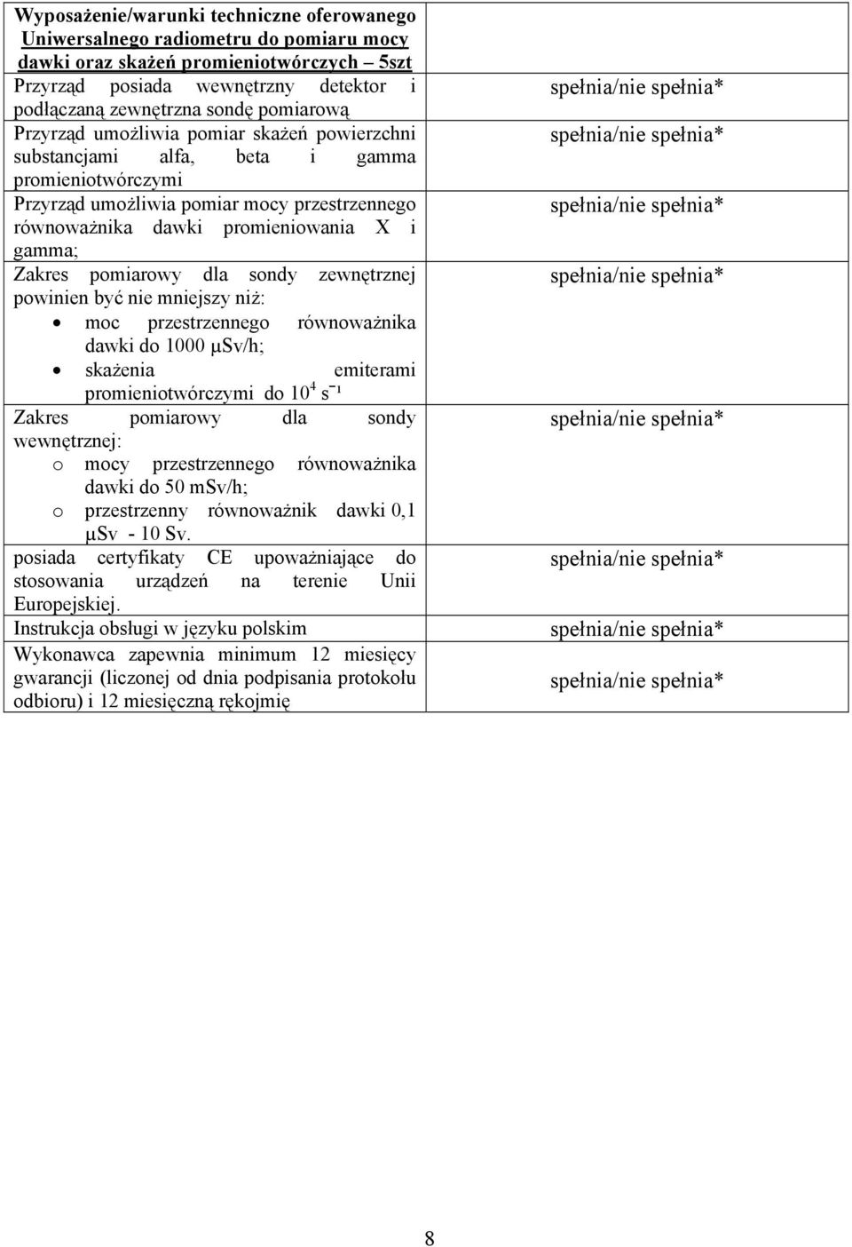 promieniowania X i gamma; Zakres pomiarowy dla sondy zewnętrznej powinien być nie mniejszy niż: moc przestrzennego równoważnika dawki do 1000 µsv/h; skażenia