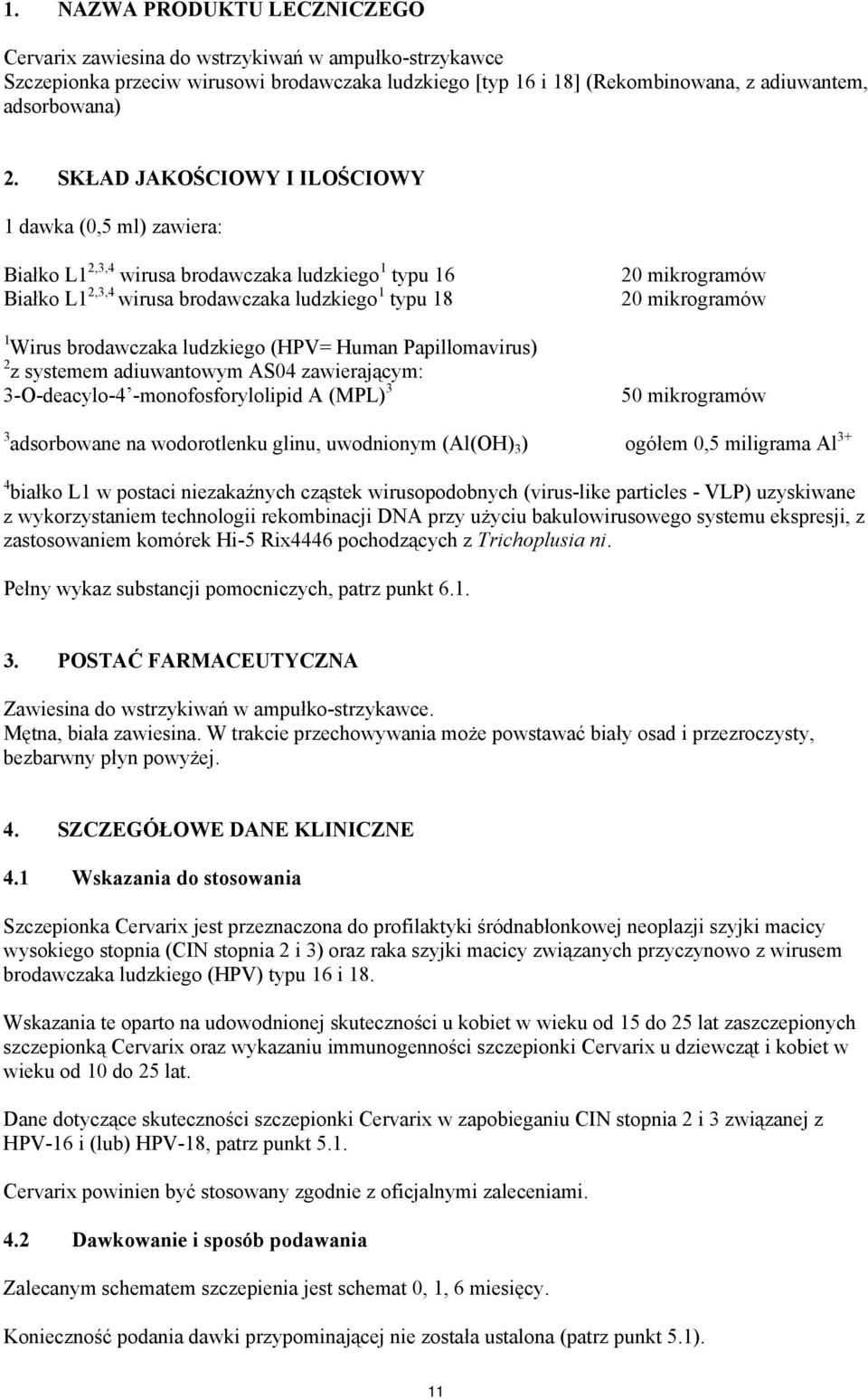 (HPV= Human Papillomavirus) 2 z systemem adiuwantowym AS04 zawierającym: 3-O-deacylo-4 -monofosforylolipid A (MPL) 3 20 mikrogramów 20 mikrogramów 50 mikrogramów 3 adsorbowane na wodorotlenku glinu,