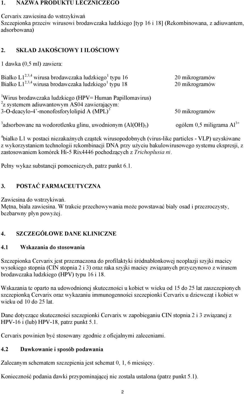 (HPV= Human Papillomavirus) 2 z systemem adiuwantowym AS04 zawierającym: 3-O-deacylo-4 -monofosforylolipid A (MPL) 3 20 mikrogramów 20 mikrogramów 50 mikrogramów 3 adsorbowane na wodorotlenku glinu,