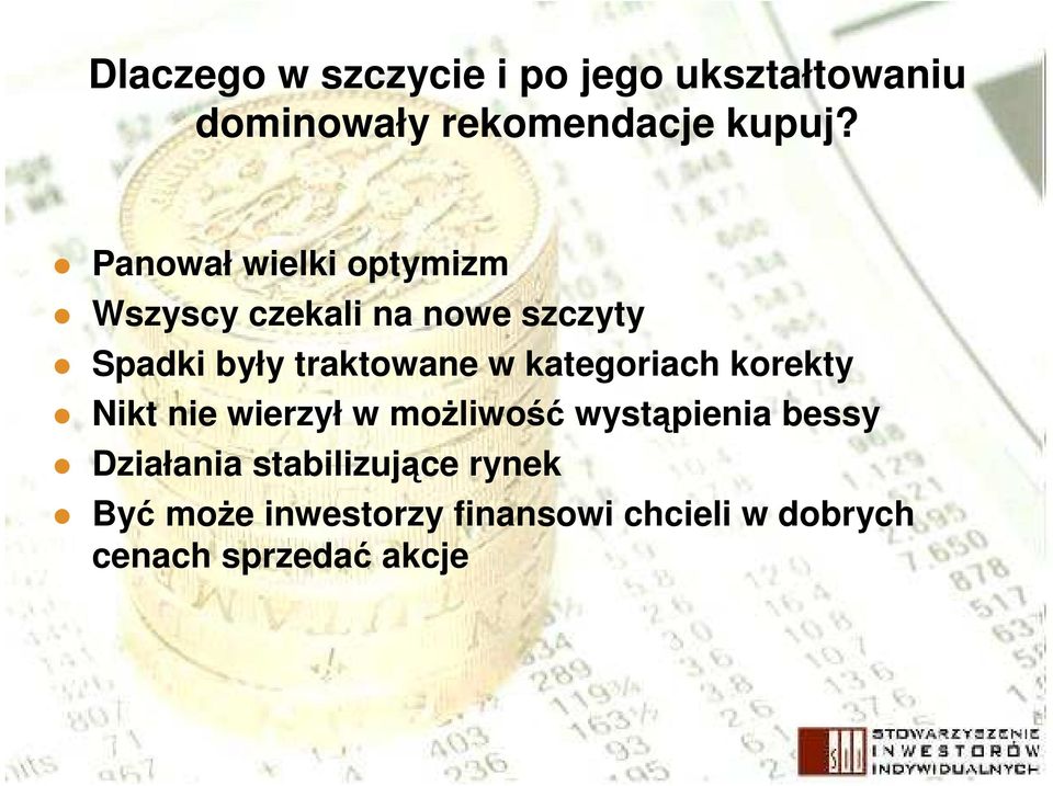 kategoriach korekty Nikt nie wierzył w moŝliwość wystąpienia bessy Działania