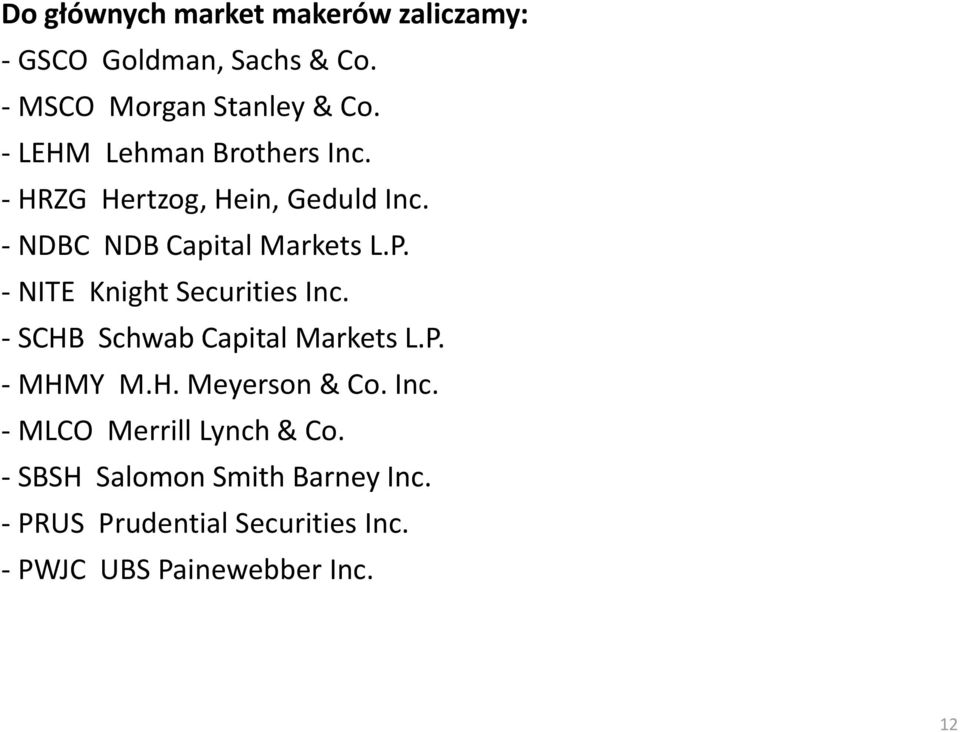 - NITE Knight Securities Inc. - SCHB Schwab Capital Markets L.P. - MHMY M.H. Meyerson & Co. Inc. - MLCO Merrill Lynch & Co.