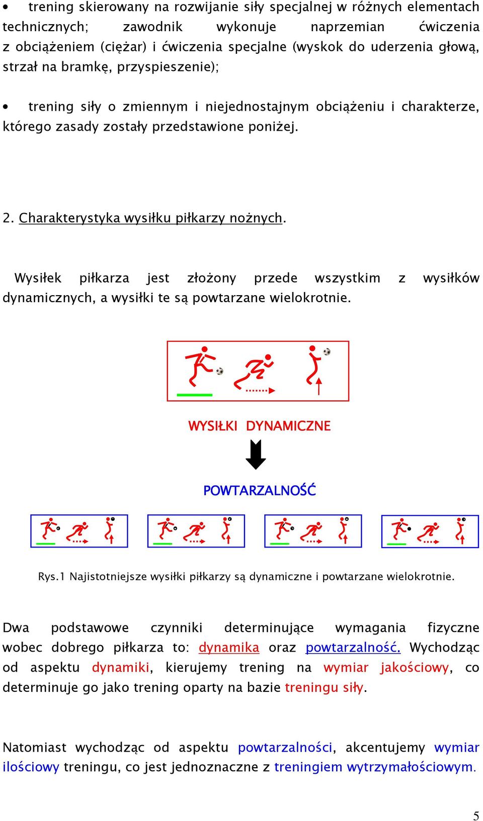 Wysiłek piłkarza jest złoŝony przede wszystkim z wysiłków dynamicznych, a wysiłki te są powtarzane wielokrotnie. WYSIŁKI DYNAMICZNE POWTARZALNOŚĆ Rys.