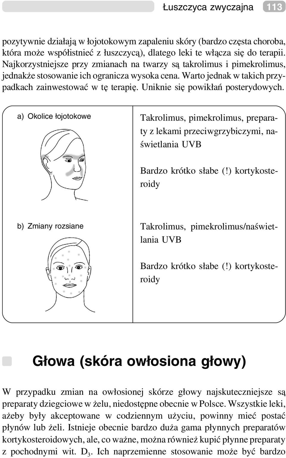 Uniknie się powikłań posterydowych. a) Okolice łojotokowe Takrolimus, pimekrolimus, preparaty z lekami przeciwgrzybiczymi, naświetlania UVB Bardzo krótko słabe (!