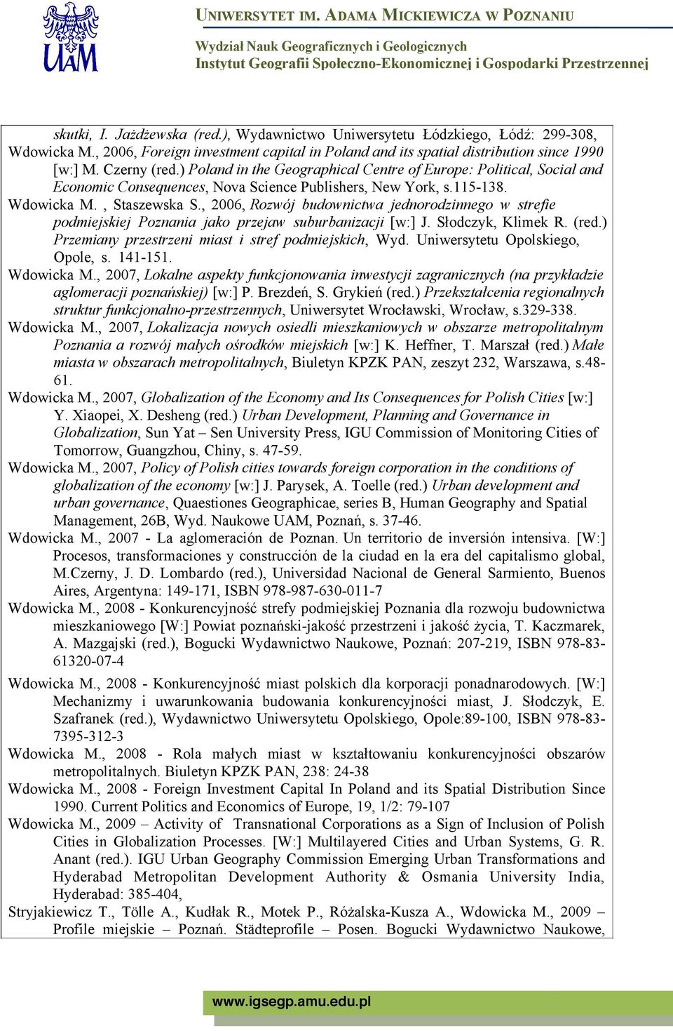 , 2006, Rozwój budownictwa jednorodzinnego w strefie podmiejskiej Poznania jako przejaw suburbanizacji [w:] J. Słodczyk, Klimek R. (red.) Przemiany przestrzeni miast i stref podmiejskich, Wyd.