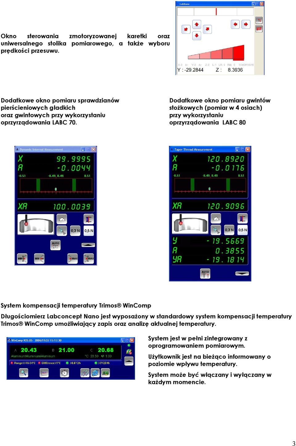 Dodatkowe okno pomiaru gwintów stożkowych (pomiar w 4 osiach) przy wykorzystaniu oprzyrządowania LABC 80 System kompensacji temperatury Trimos WinComp Długościomierz Labconcept Nano