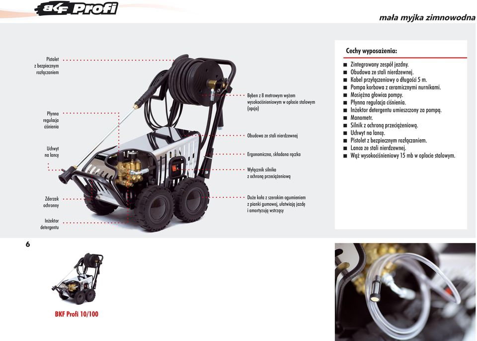 Pompa korbowa z ceramicznymi nurnikami. Mosiężna głowica pompy. Płynna regulacja ciśnienia. Inżektor detergentu umieszczony za pompą. Manometr. Silnik z ochroną przeciążeniową. Uchwyt na lancę.