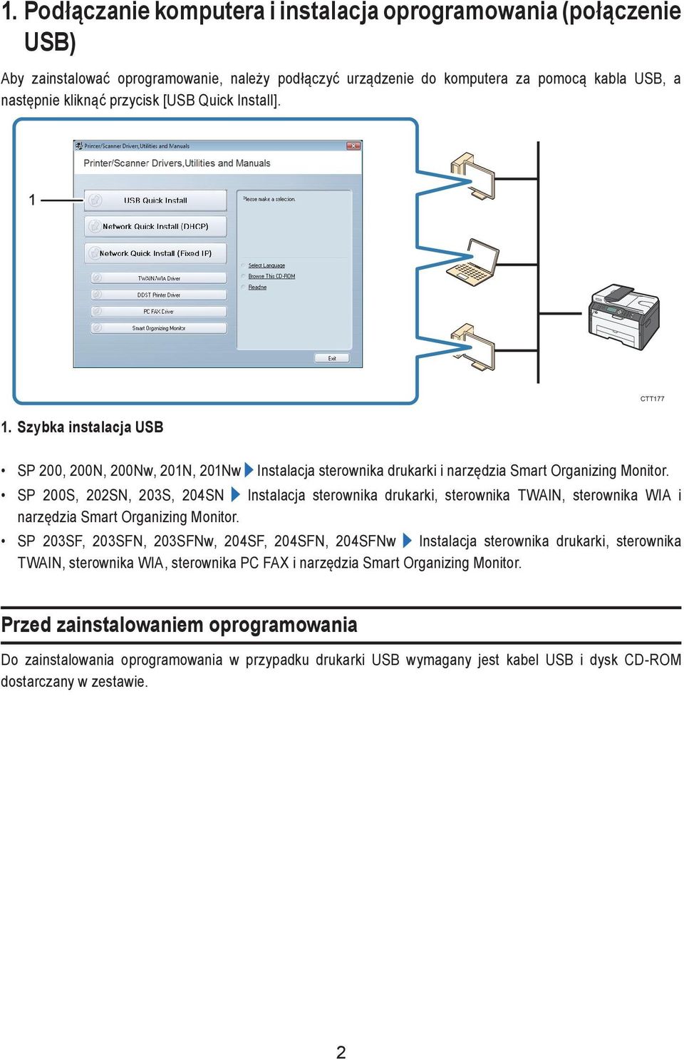 SP 200S, 202SN, 203S, 204SN Instalacja sterownika drukarki, sterownika TWAIN, sterownika WIA i narzędzia Smart Organizing Monitor.