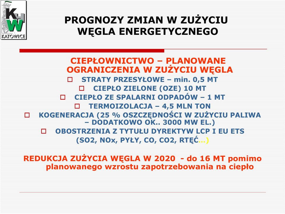 0,5 MT CIEPŁO ZIELONE (OZE) 10 MT CIEPŁO ZE SPALARNI ODPADÓW 1 MT TERMOIZOLACJA 4,5 MLN TON KOGENERACJA (25 %