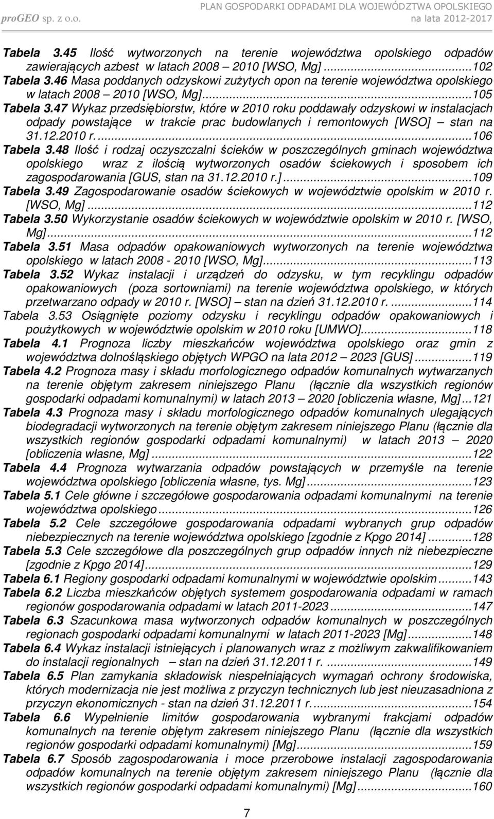 47 Wykaz przedsiębiorstw, które w 2010 roku poddawały odzyskowi w instalacjach odpady powstające w trakcie prac budowlanych i remontowych [WSO] stan na 31.12.2010 r.... 106 Tabela 3.