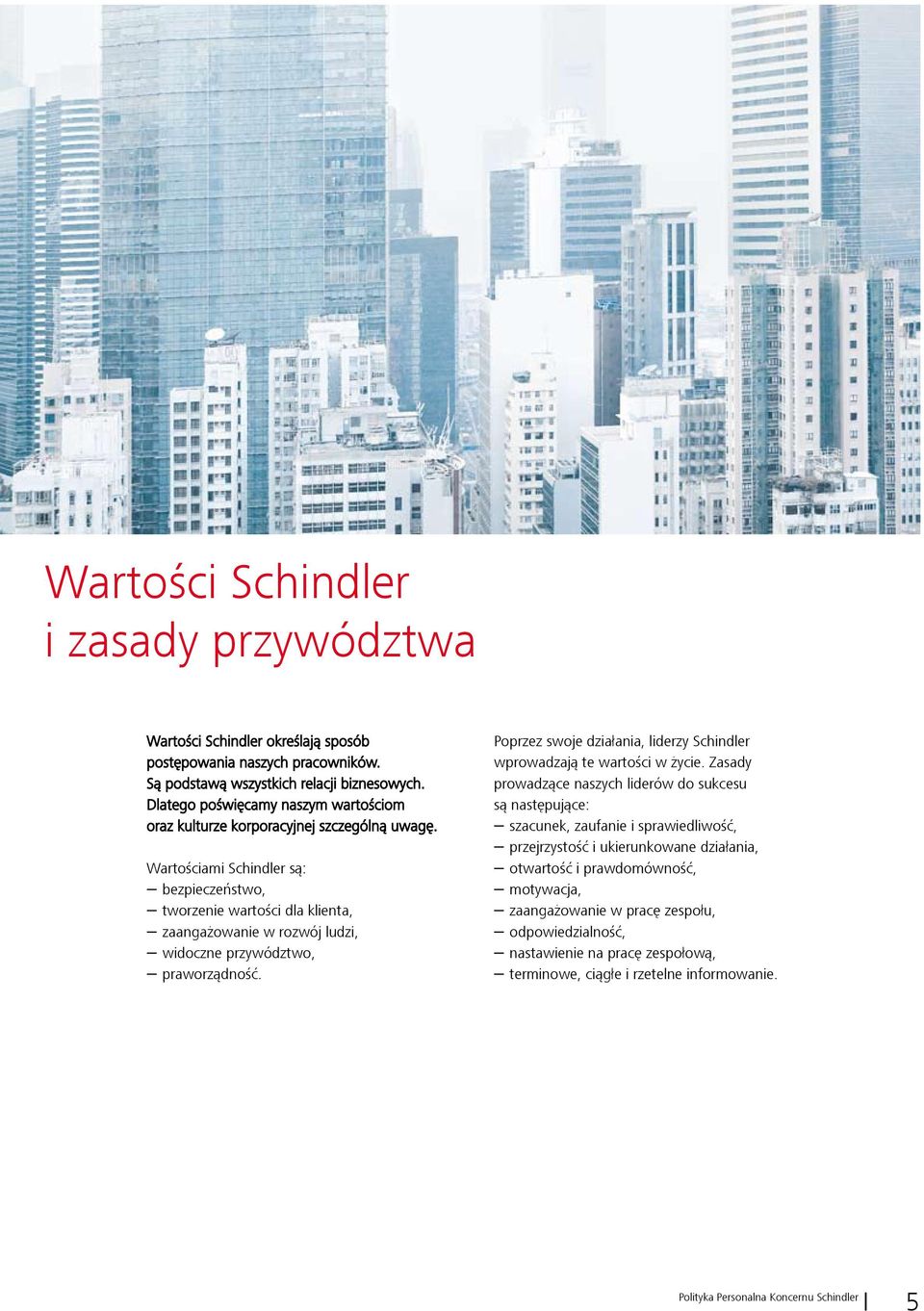 Wartościami Schindler są: bezpieczeństwo, tworzenie wartości dla klienta, zaangażowanie w rozwój ludzi, widoczne przywództwo, praworządność.