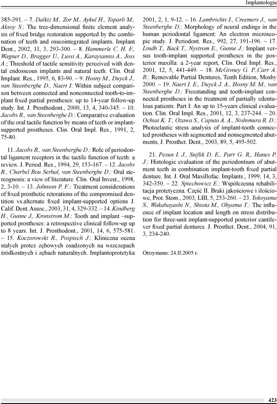 , Wagner D., Bragger U., Lussi A., Karayiannis A., Joss A.; Threshold of tactile sensitivity perceived with dental endosseous implants and natural teeth. Clin. Oral Implant. Res., 1995, 6, 83-90. 9.