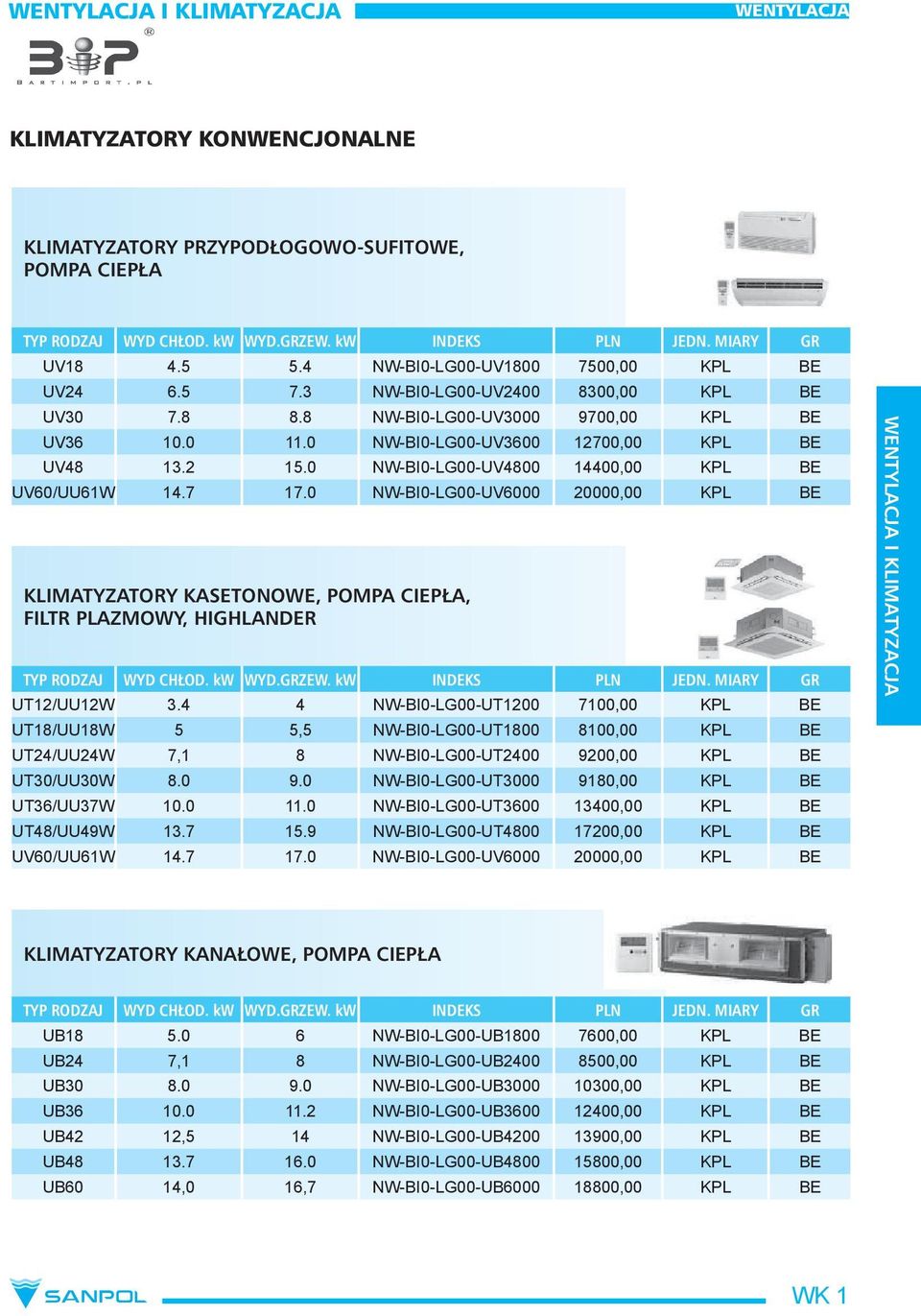 0 NW-BI0-LG00-UV4800 14400,00 KPL BE UV60/UU61W 14.7 17.0 NW-BI0-LG00-UV6000 20000,00 KPL BE KLIMATYZATORY KASETONOWE, POMPA CIEPŁA, FILTR PLAZMOWY, HIGHLANDER TYP RODZAJ WYD CHŁOD. kw WYD.GRZEW.