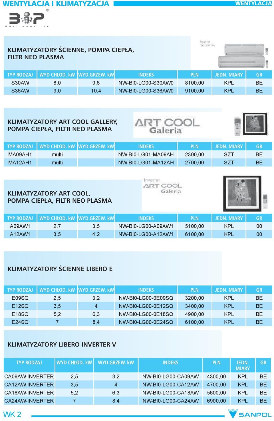 MIARY GR MA09AH1 multi NW-BI0-LG01-MA09AH 2300,00 SZT BE MA12AH1 multi NW-BI0-LG01-MA12AH 2700,00 SZT BE KLIMATYZATORY ART COOL, POMPA CIEPŁA, FILTR NEO PLASMA TYP RODZAJ WYD CHŁOD. kw WYD.GRZEW.