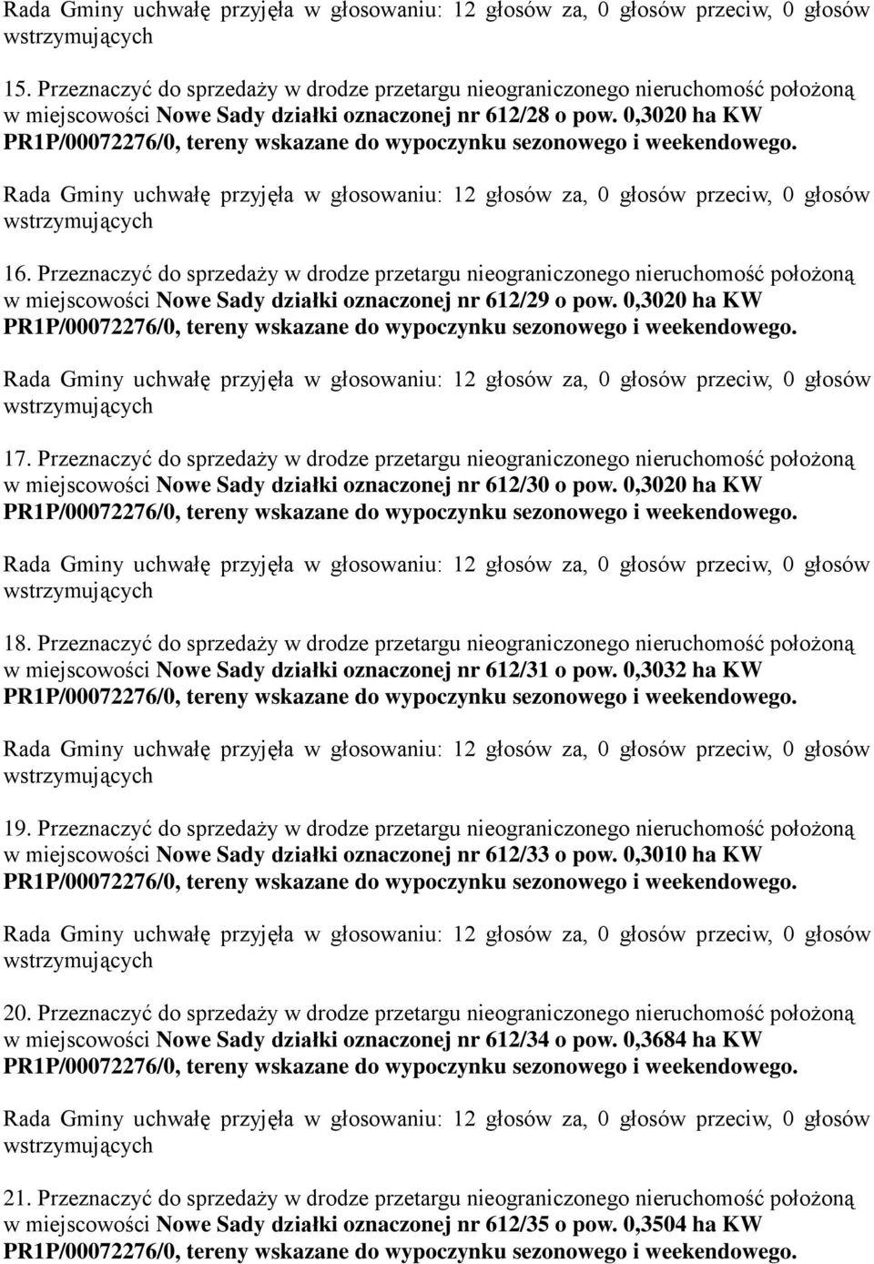 Przeznaczyć do sprzedaży w drodze przetargu nieograniczonego nieruchomość położoną w miejscowości Nowe Sady działki oznaczonej nr 612/30 o pow. 0,3020 ha KW 18.