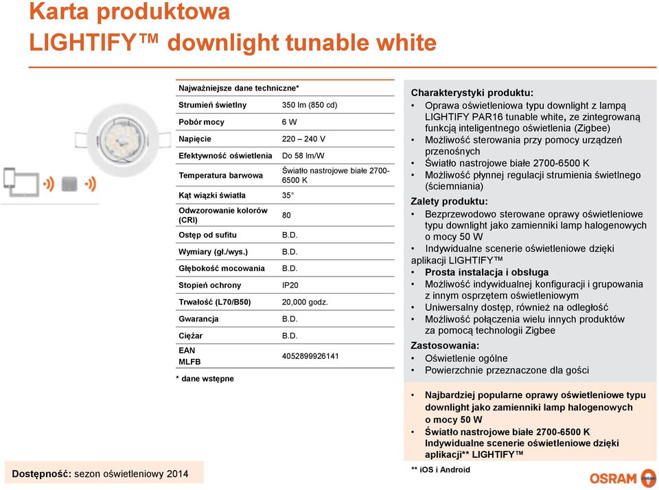 Bezprzewodowo sterowane oprawy oświetleniowe typu downlight jako zamienniki lamp halogenowych o mocy 50 W aplikacji LIGHTIFY Prosta instalacja i obsługa Możliwość indywidualnej konfiguracji i