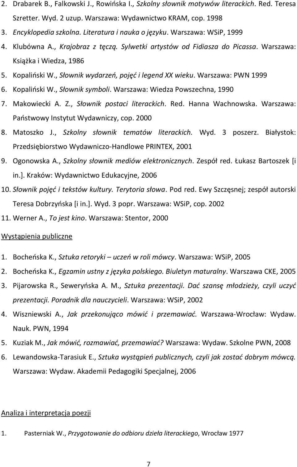 , Słownik wydarzeń, pojęć i legend XX wieku. Warszawa: PWN 1999 6. Kopaliński W., Słownik symboli. Warszawa: Wiedza Powszechna, 1990 7. Makowiecki A. Z., Słownik postaci literackich. Red.