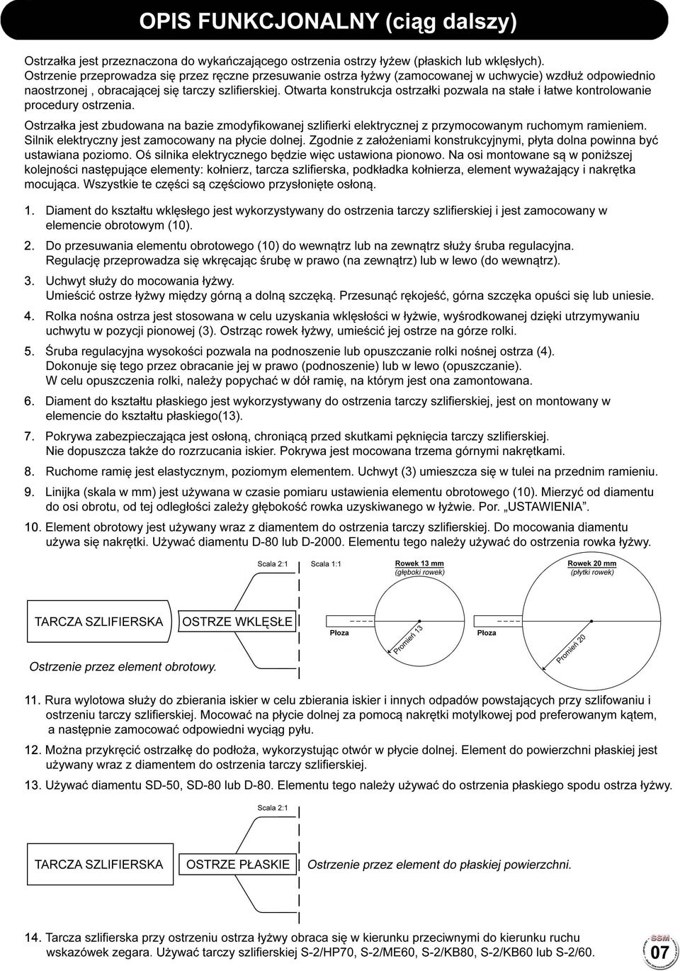 Otwarta konstrukcja ostrzałki pozwala na stałe i łatwe kontrolowanie procedury ostrzenia. Ostrzałka jest zbudowana na bazie zmodyfikowanej szlifierki elektrycznej z przymocowanym ruchomym ramieniem.