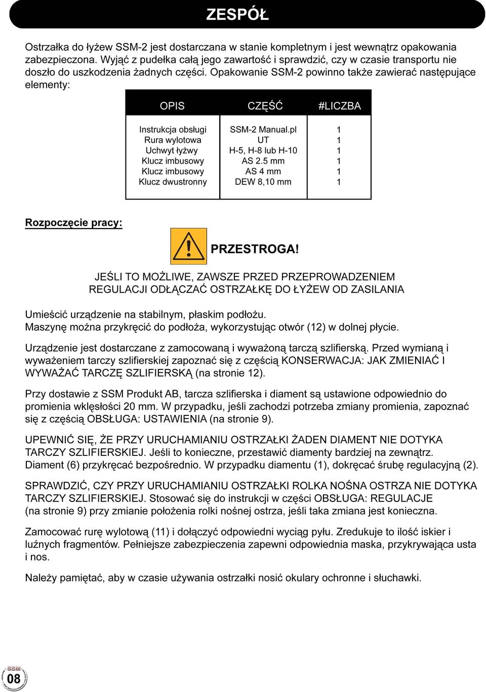 Opakowanie SSM-2 powinno także zawierać następujące elementy: OPIS CZĘŚĆ #LlCZBA Instrukcja obsługi Rura wylotowa Uchwyt łyżwy Klucz imbusowy Klucz imbusowy Klucz dwustronny SSM-2 Manual.