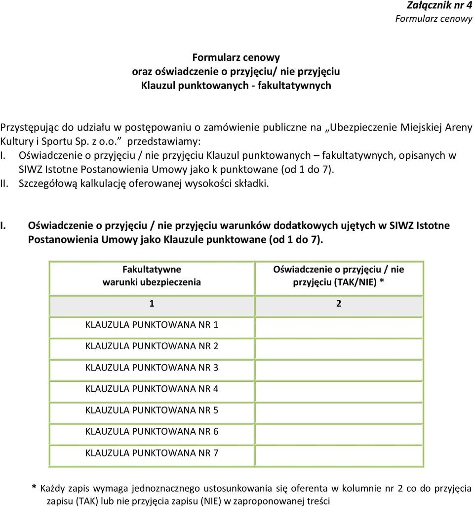 Oświadczenie o przyjęciu / nie przyjęciu Klauzul punktowanych fakultatywnych, opisanych w SIWZ Istotne Postanowienia Umowy jako k punktowane (od 1 do 7). II.